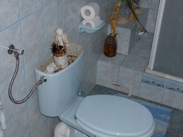 No igen, a WC. A nap egyik rejtélye, hogy ki és hogyan törthette szét. Ebbe az állapotba már a szerelés után került, amikoris sikerült mégtöbb kárt tenni benne...